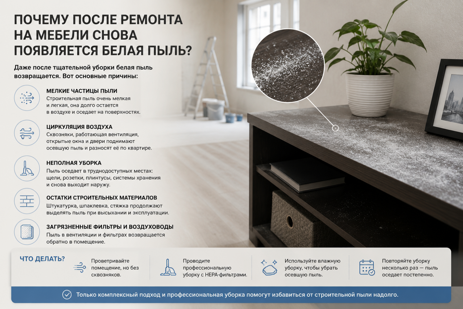 Почему после ремонта на мебели снова появляется белая пыль